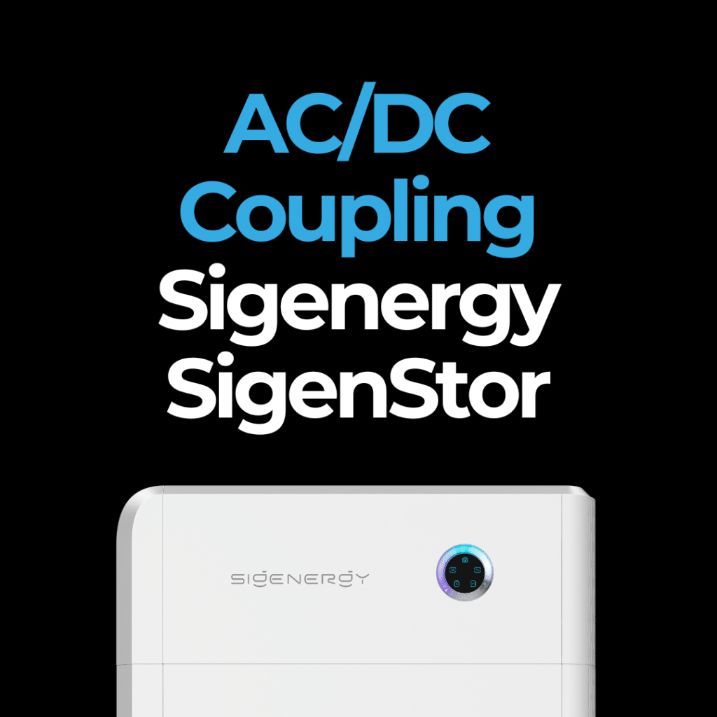 Black background with text: "AC/DC Coupling, Sigenergy, SigenStor." Bottom shows a part of a rectangular white device with "SIGENERGY" and a circular indicator.