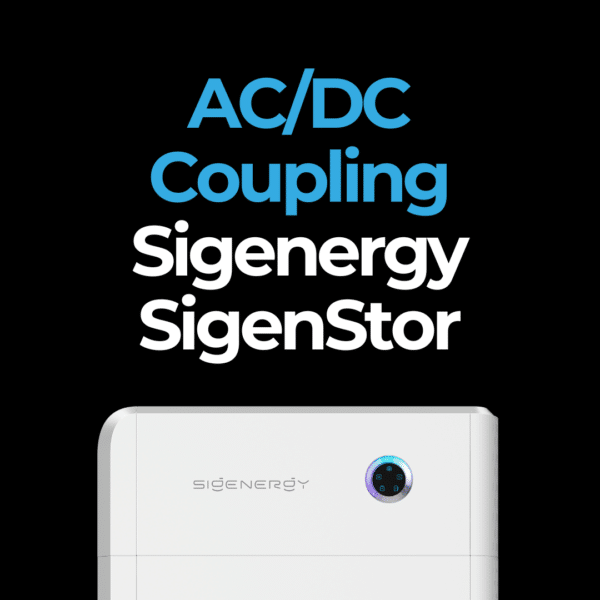 Black background with text: "AC/DC Coupling, Sigenergy, SigenStor." Bottom shows a part of a rectangular white device with "SIGENERGY" and a circular indicator.