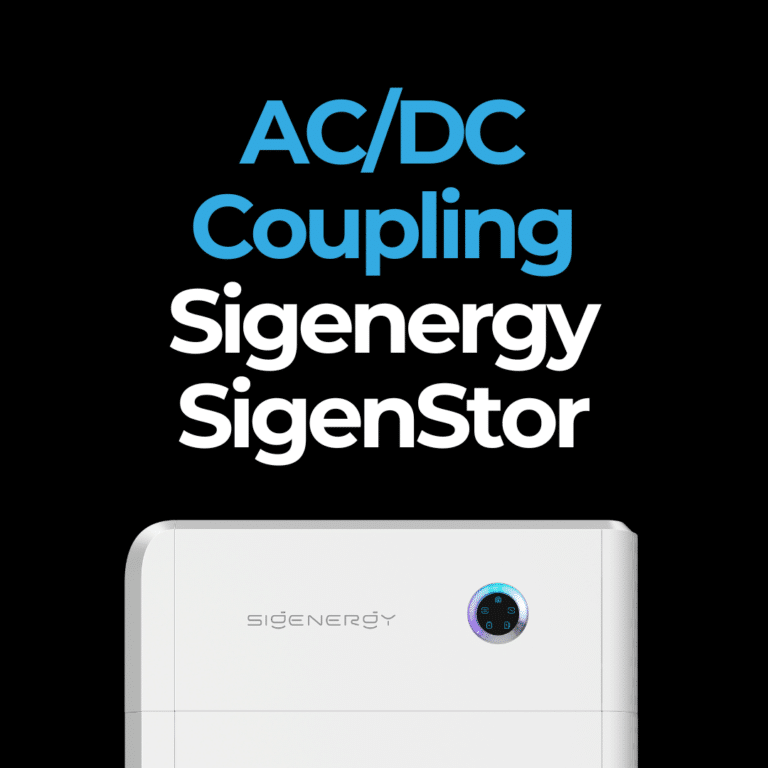 Black background with text: "AC/DC Coupling, Sigenergy, SigenStor." Bottom shows a part of a rectangular white device with "SIGENERGY" and a circular indicator.