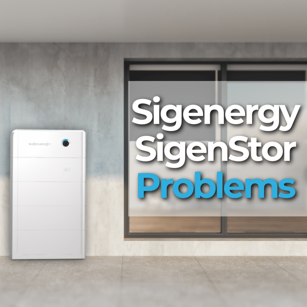 A Sigenergy SigStor unit is mounted on a wall inside a modern building, with large windows beside it. Text reads "Sigenergy SigenStor Problems.