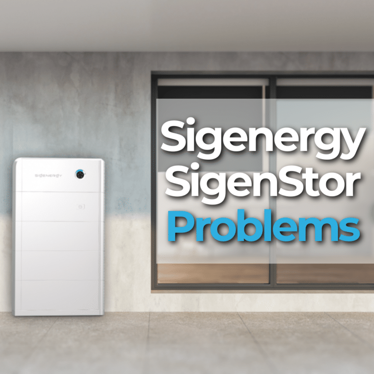 A Sigenergy SigStor unit is mounted on a wall inside a modern building, with large windows beside it. Text reads "Sigenergy SigenStor Problems.