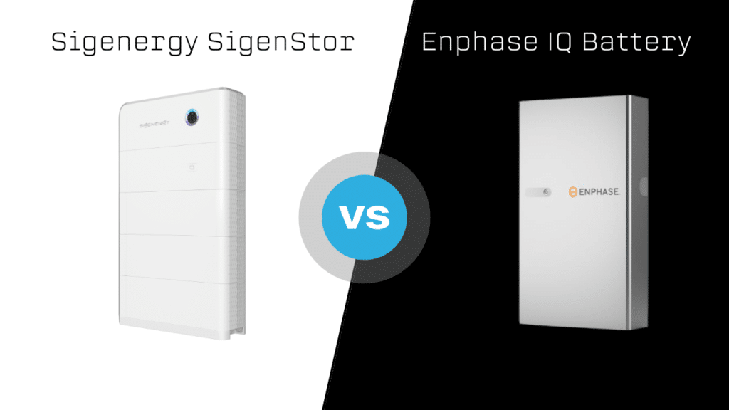 Comparison image of two battery systems: Sigenergy SigenStor on the left, Enphase IQ Battery on the right, separated by a "vs" in the center.