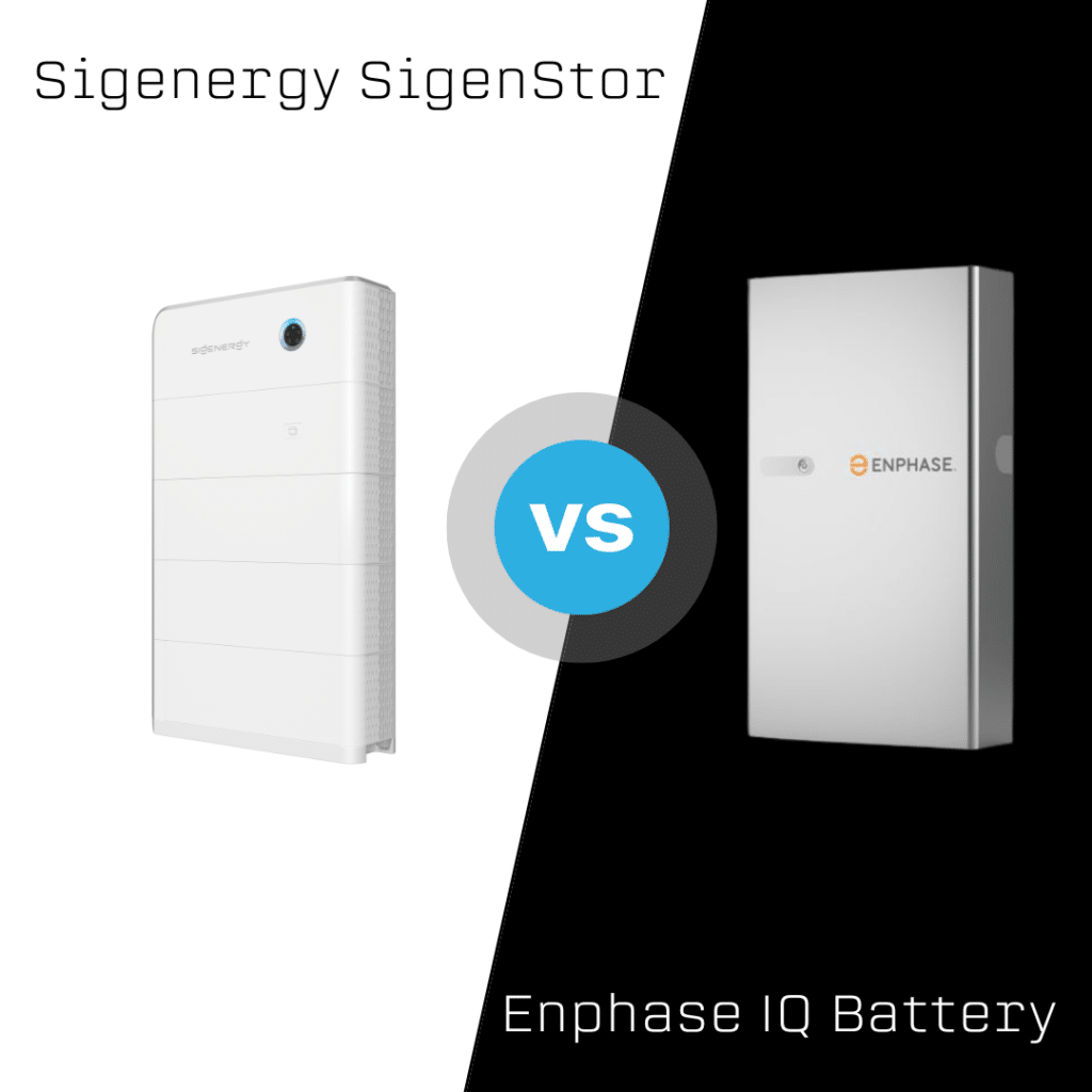 Comparison image of Sigenergy SigenStor battery on the left and Enphase IQ Battery on the right with a "VS" symbol in the center.