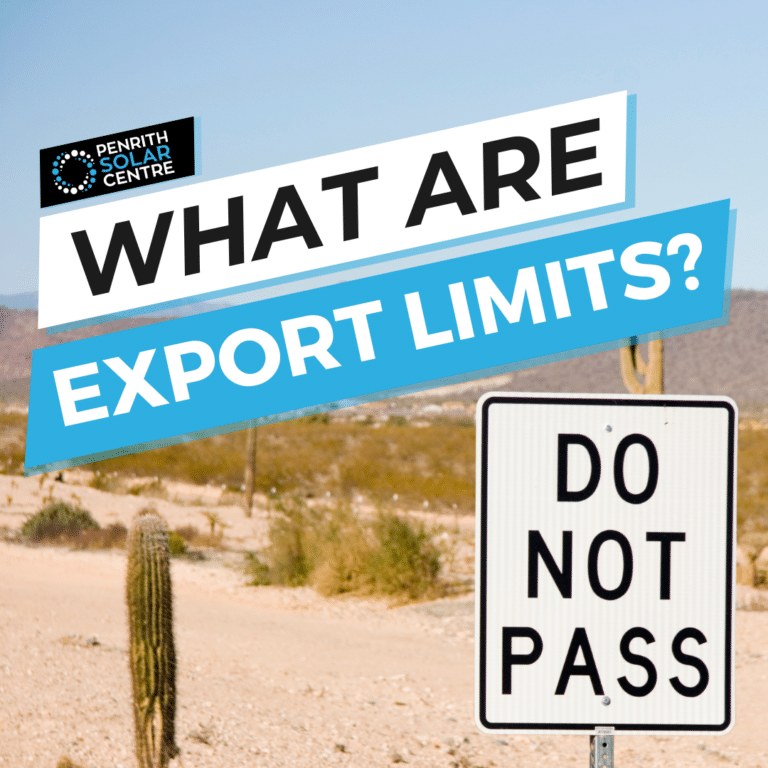 The image shows a street sign that reads "do not pass" with a blue banner overlaid on top that asks "what are export limits?" with the penrith solar centre logo in the.