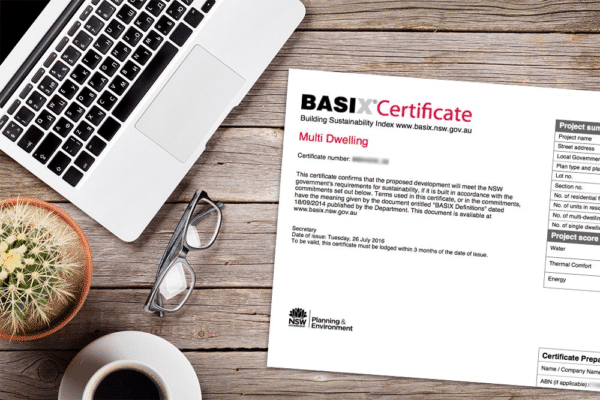 A laptop, a cactus, glasses, and coffee beside a basix certificate on a wooden desk.