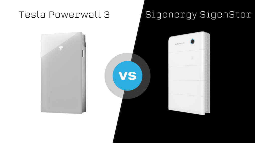 Side-by-side comparison of Tesla Powerwall 3 and Sigenergy SigenStor with a "VS" icon in the center.