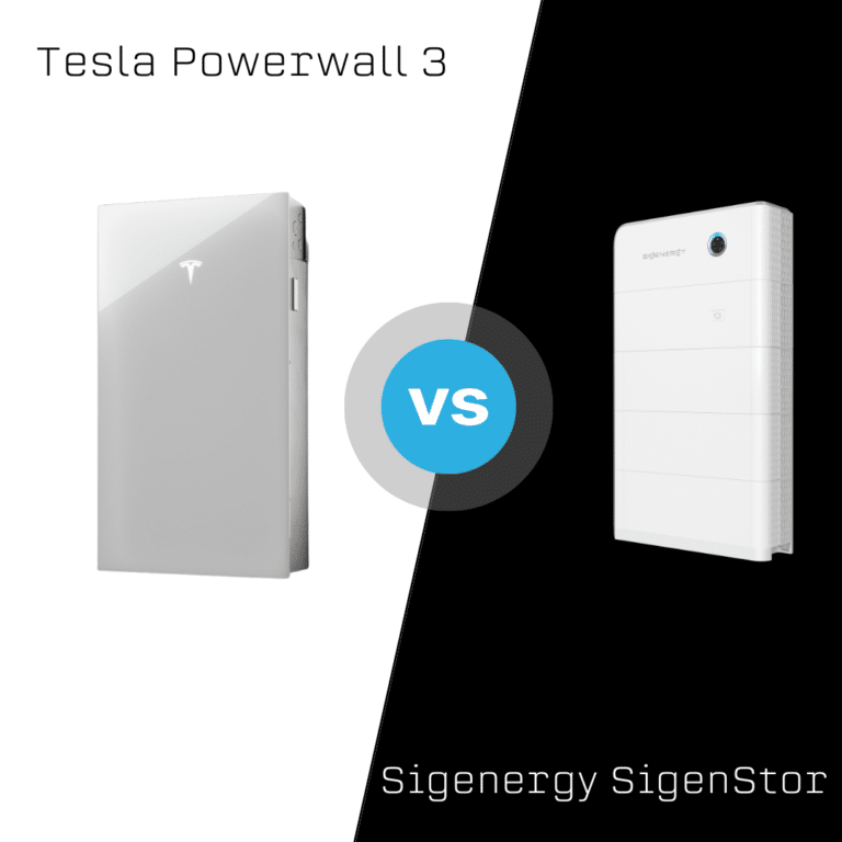 Side-by-side comparison of Tesla Powerwall 3 and Sigenergy SigenStor battery units with "VS" in a blue circle between them.