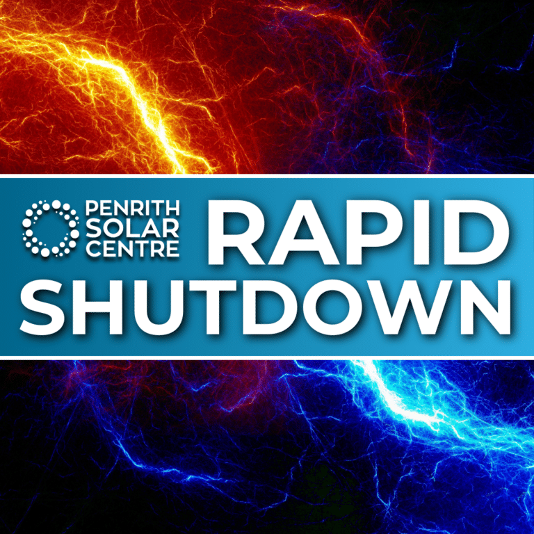 Text reads "Penrith Solar Centre RAPID SHUTDOWN" over a background of intermingling red and blue electric-like patterns.