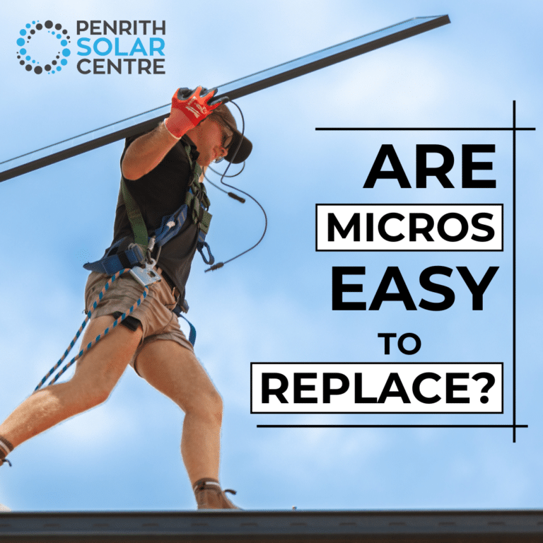 A worker in a safety harness walks on a roof holding a solar panel component. The text "Are Micros Easy to Replace?" is displayed beside him with the Penrith Solar Centre logo above.