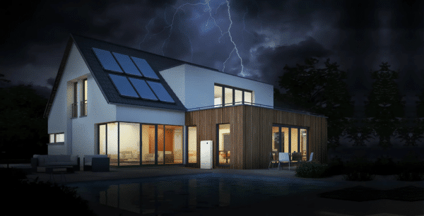 Modern house with large windows and solar panels, set against a night sky with visible lightning. The exterior includes a patio and swimming pool, surrounded by trees.